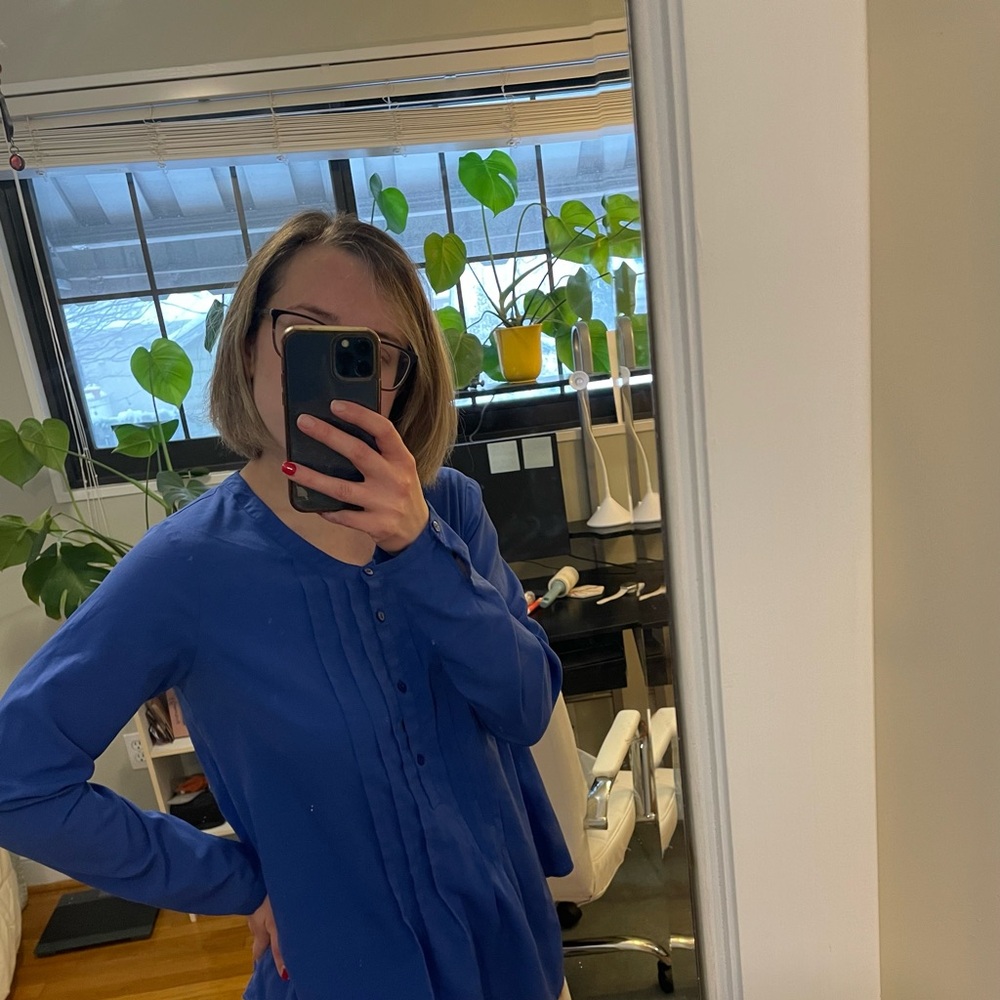 LOFT Blue Pleated Blouse with Scoop Neck and Long Sleeves